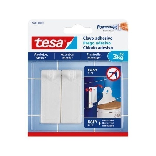 Colgador Hogar 3Kg Adhesivo ReutilizaBlancoe Clavo Plastico Blanco Azulejos 2 Pz Tesatape