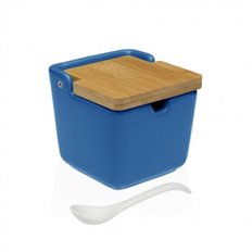 Azucarero Ceramica Tapa Bambu + Cuchara Azul-8,8X8,8X8,5Cm Versa
