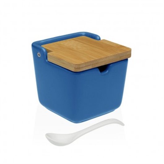 Azucarero Ceramica Tapa Bambu + Cuchara Azul-8,8X8,8X8,5Cm Versa