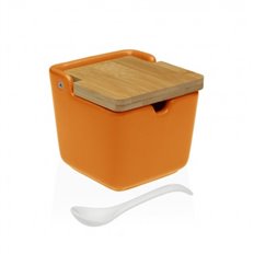 Azucarero Ceramica Tapa Bambu + Cuchara Naranja-8,8X8,8X8,5Cm Versa