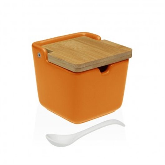 Azucarero Ceramica Tapa Bambu + Cuchara Naranja-8,8X8,8X8,5Cm Versa